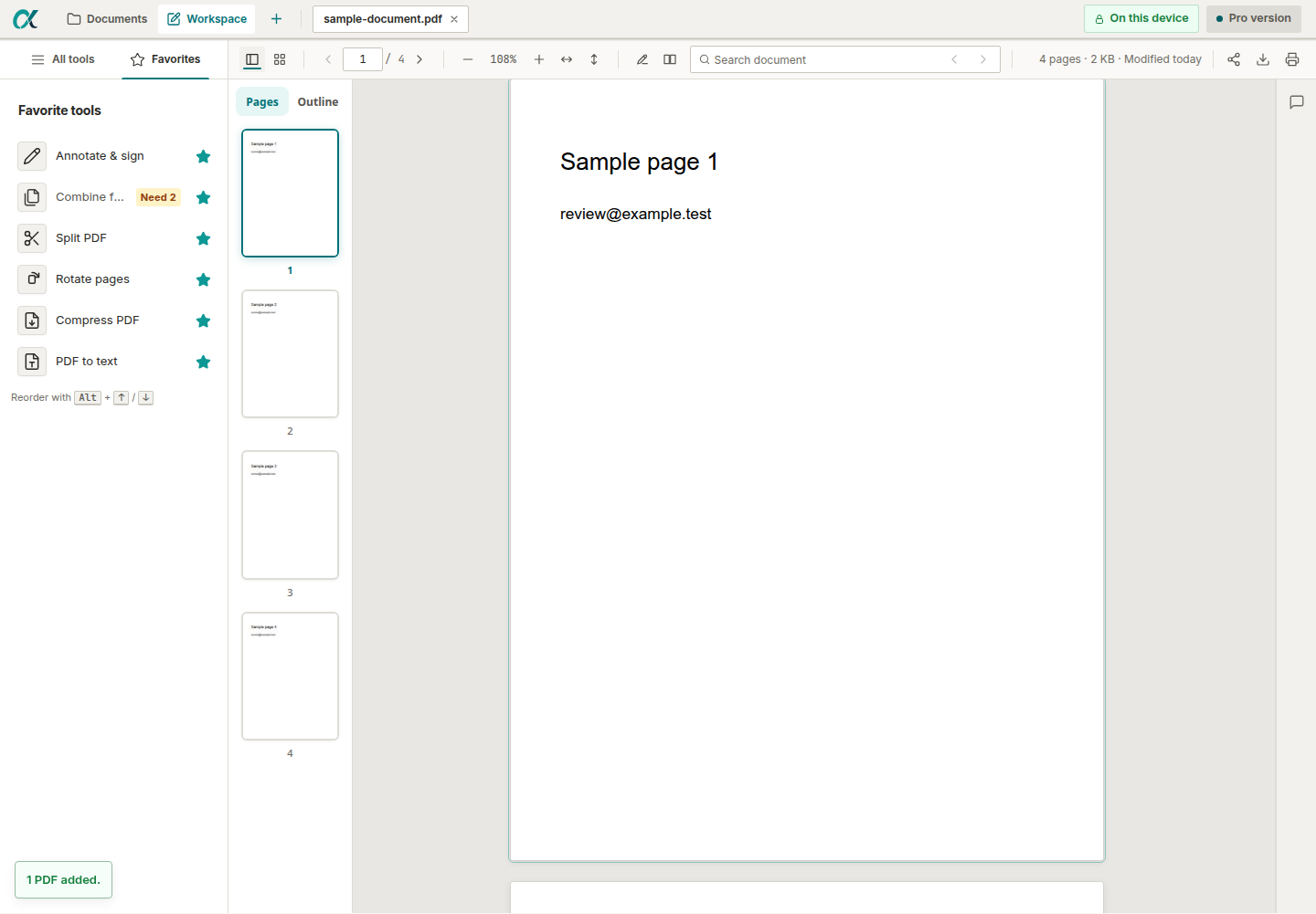 alphaPDF workspace showing locally stored PDF documents and PDF tools