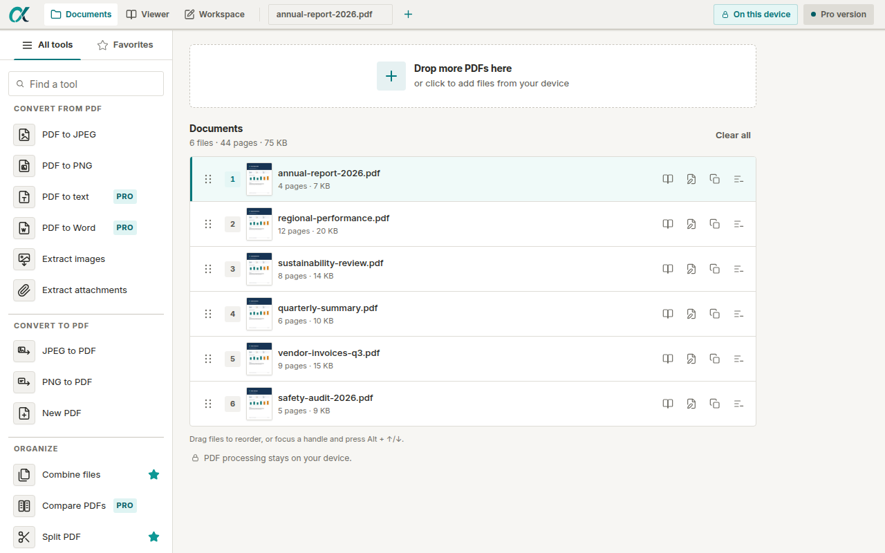 alphaPDF displaying PDF documents, page tools and its local document library